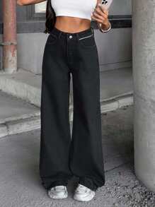 SHEIN Cottnline HIGH WAIST STRAIGHT JEAN PANT STYLE CASUAL Wide Leg Jeans High Waisted Pants Black Baggy Jeans Women Pants Wide Leg - Medium Wash - View 3