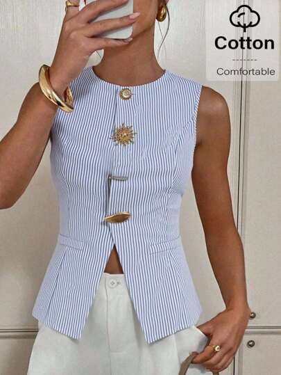 Siren Gaze Blusa elegante de rayas azules con botones, adecuada para uso en la oficina, estilo vintage de verano casual para mujer