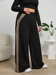 EURMUSE Leopard Trim Belly Detailed Long Wide Leg Black Pants - Black - View 3