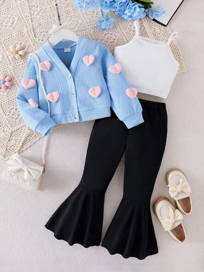 SHEIN 3pcs Set: Blue Long Sleeve Knit Cardigan With Pink Heart Knit Flower Camisole And Flare Pants, Fashion Outfit For Girls, Suitable For Spring And Autumn Fall Winter