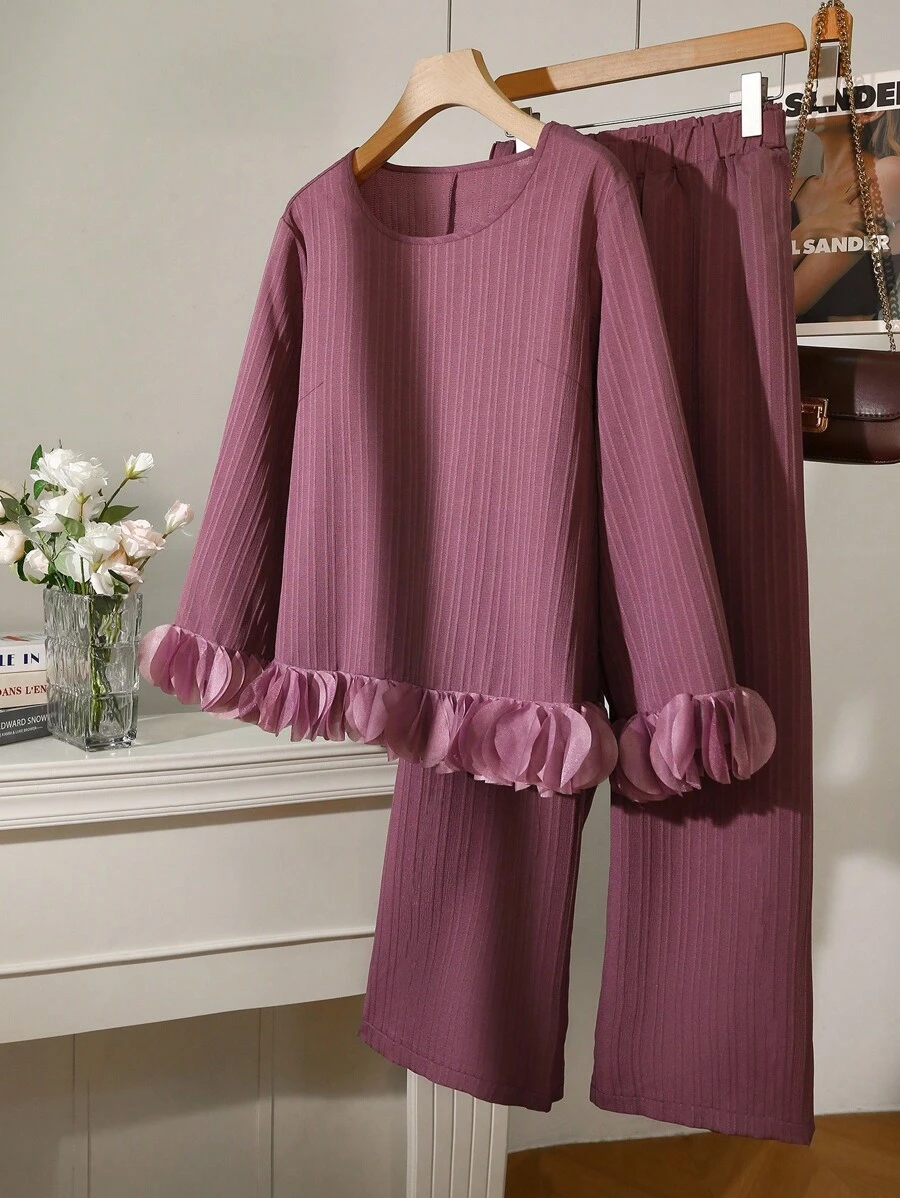 Modelyn 浪漫优雅时尚提花拼布雪纺花卉露肩长袖衬衫配裤子，加大码两件套 - 淡紫色 - 查看 1