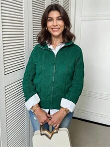 SHEIN LUNE Women's Solid Color Patchwork Front Zipper Long Sleeve Cable Knit Cardigan - Green - View 5