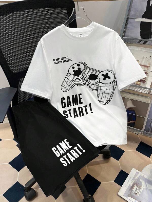SHEIN Set de 2 piezas de camiseta y pantalones cortos de verano con estampado gráfico de videojuegos para adolescentes, mezcla de algodón