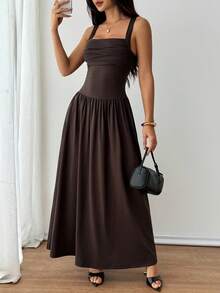 SHEIN PETITE 女式优雅纯色棕色咖啡色方领喇叭连衣裙，春夏 - 棕色 - 查看 8