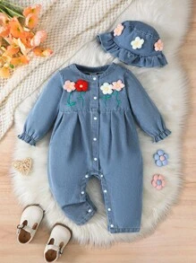 SHEIN 1 件女童/女宝宝休闲蓝色水洗牛仔花卉刺绣长袖连体裤 - 藍色 - 查看 3