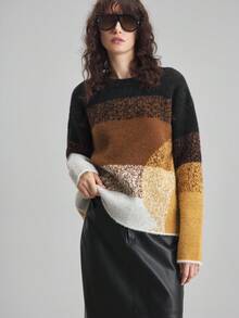 Ontre 2025 New Winter Women's Sweater,Black And White Striped,Autumn,Casual,Everyday Color Block Round Neck Long Sleeve,Minimalist Office Fashionable Top - Multicolor - View 4