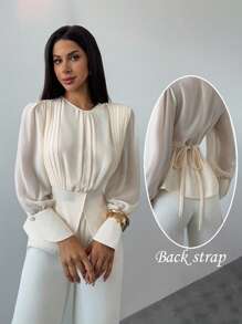 Firerie 女士优雅秋冬百搭办公室通勤商务休闲纯色浪漫褶皱 A 字形圆领长袖褶皱设计优雅雪纺衬衫/褶皱上衣，教师工作/度假/商务休闲女士/教师/返校/教师/轻盈舒适工作/办公室女士 - 白色 - 查看 2