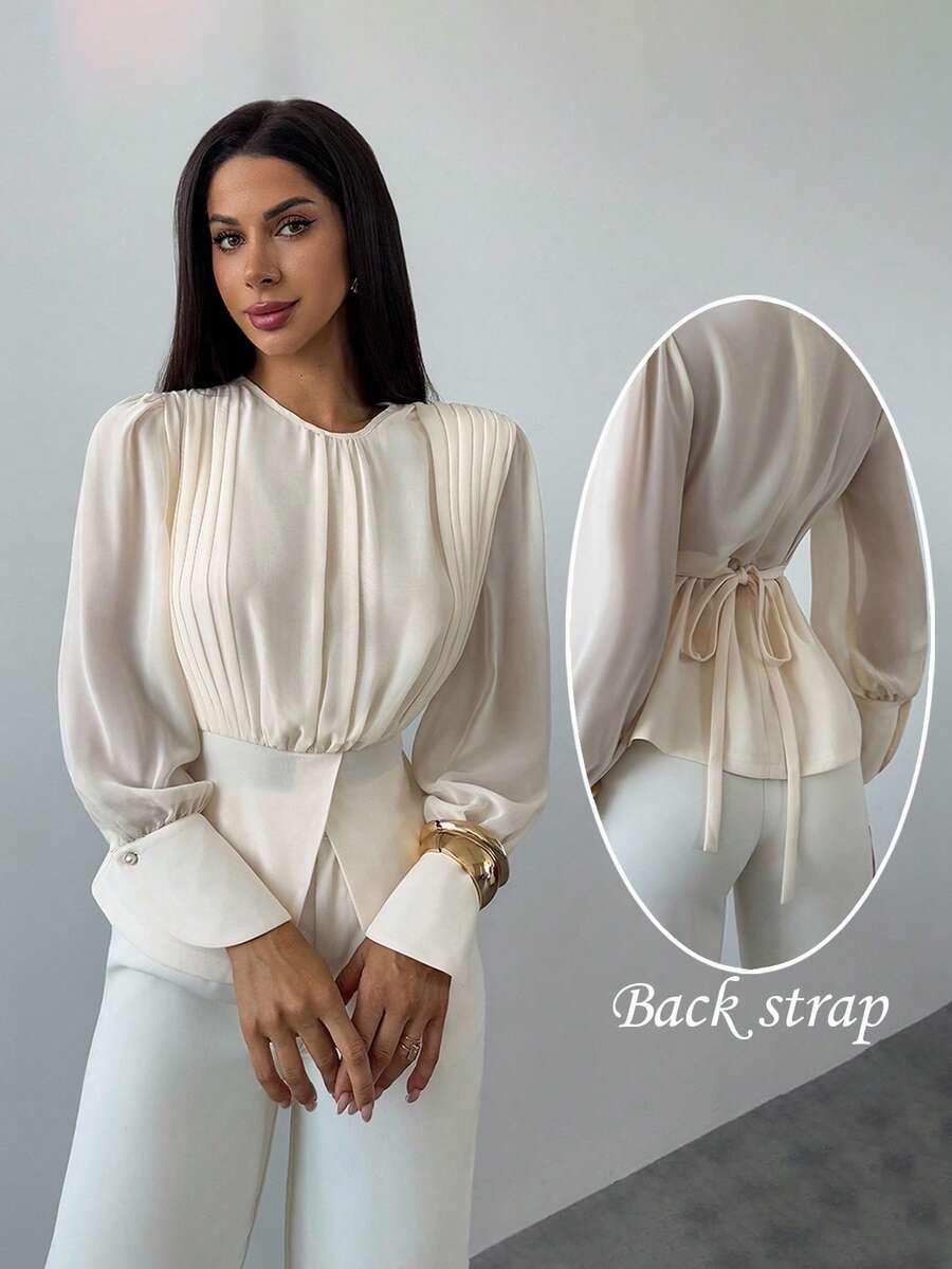 Firerie 女士优雅秋冬百搭办公室通勤商务休闲纯色浪漫褶皱 A 字形圆领长袖褶皱设计优雅雪纺衬衫/褶皱上衣，教师工作/度假/商务休闲女士/教师/返校/教师/轻盈舒适工作/办公室女士