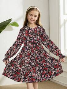 SHEIN Tween 女童碎花印花荷叶袖荷叶边下摆连衣裙 - 黑色 - 查看 4