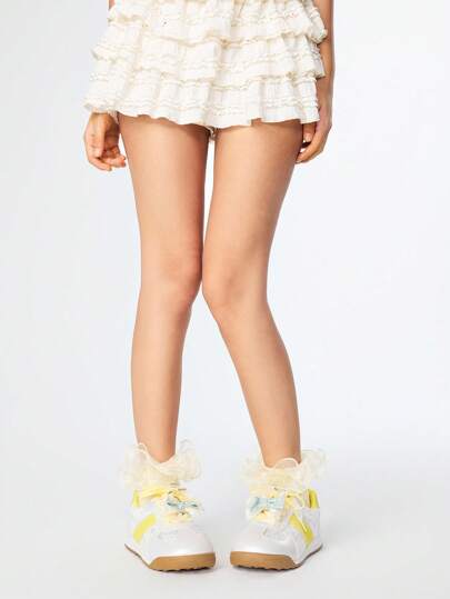 Kawaii Women's White Loafers Ballet Flats With Lace-Up Bow Accent, Sweet Slip-On Soft-Sole Casual/Athletic Sneakers