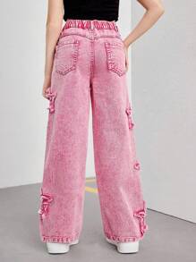 SHEIN Explorewe Tween Girls Y2K 风格星星刺绣喇叭腿牛仔裤，时尚街头服饰，女孩必备的休闲时尚百搭单品 - 粉色 - 查看 2