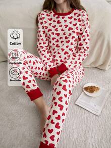 RueChic 2pcs Cotton Contrast Heart Printed With Rib Cuff Detail Homewear Pajama Set, Suitable For Christmas - Red and White - View 1