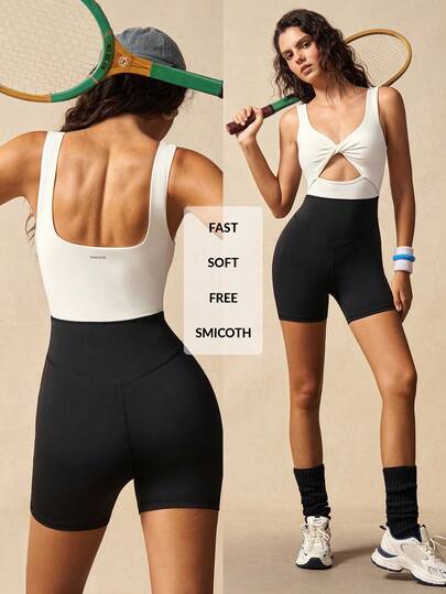 VARSIVA 撞色拼布扭纹镂空运动健身瑜伽连体裤