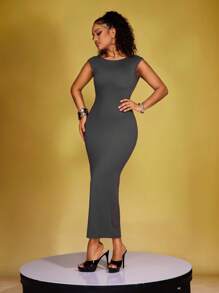 INAWLY Solva 女款純色露背圓領連身裙 - 灰色 - 查看 4