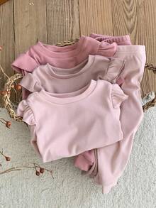 LMoss Kids 6 pièces Ensemble bébé fille en tricot de couleur unie avec t-shirt à col rond et volants et leggings. Ensemble bébé fille manches longues avec volants. Ensemble leggings. Vêtements bébé fille rose. Ensemble décontracté bébé. Ensemble. Ensemble d'hiver. Vêtements d'hiver pour bébé. Vêtements d'automne pour bébé fille - Multicolore - Voir 4