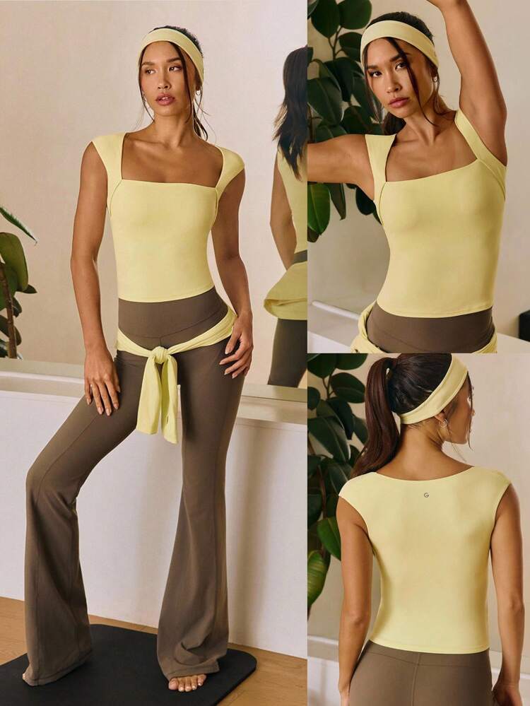 FeatherFit™ Canotta basic a collo quadrato, lunghezza anca, con spalline, per yoga e pilates, a basso impatto, con coppa rimovibile