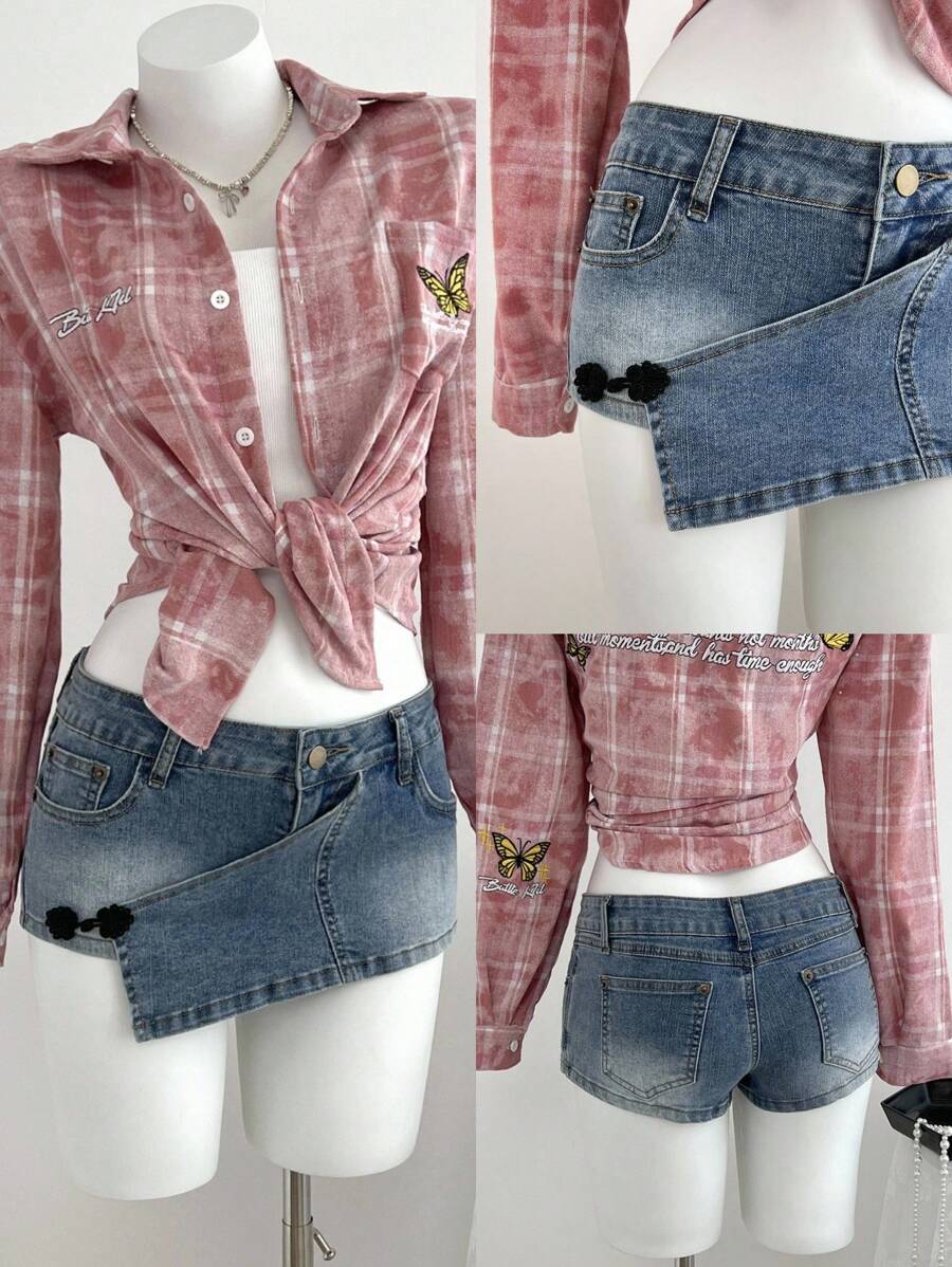 Elamini Quần short denim viền bất đối xứng có túi và nút cho nữ - Màu xanh lam - Xem 1