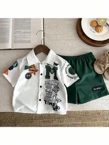 SHEIN 2pcs/Set Baby Boy Casual Street Fashion Letter Pattern Short Sleeve Shirt & Elastic Waist Shorts, Fit For Spring/Summer, Suitable For Outdoor Play, Street Wear - Green - View 4
