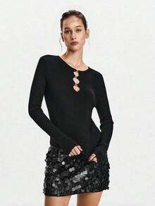 SHEIN X Jwoww Lumivelle 女士圆领镂空修身百搭长袖毛衣，适合通勤和度假，秋冬季 - 黑色 - 查看 6