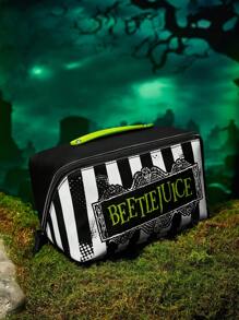 Beetlejuice X SHEIN 1 件卡通图案印花大容量扁平 PU 皮革化妆包，多功能收纳袋，小物品收纳包，旅行收纳包，数码配件收纳包，适合日常携带、旅行、工作、化妆或学习，适合女性和学生，哥特 - 黑與白 - 查看 3