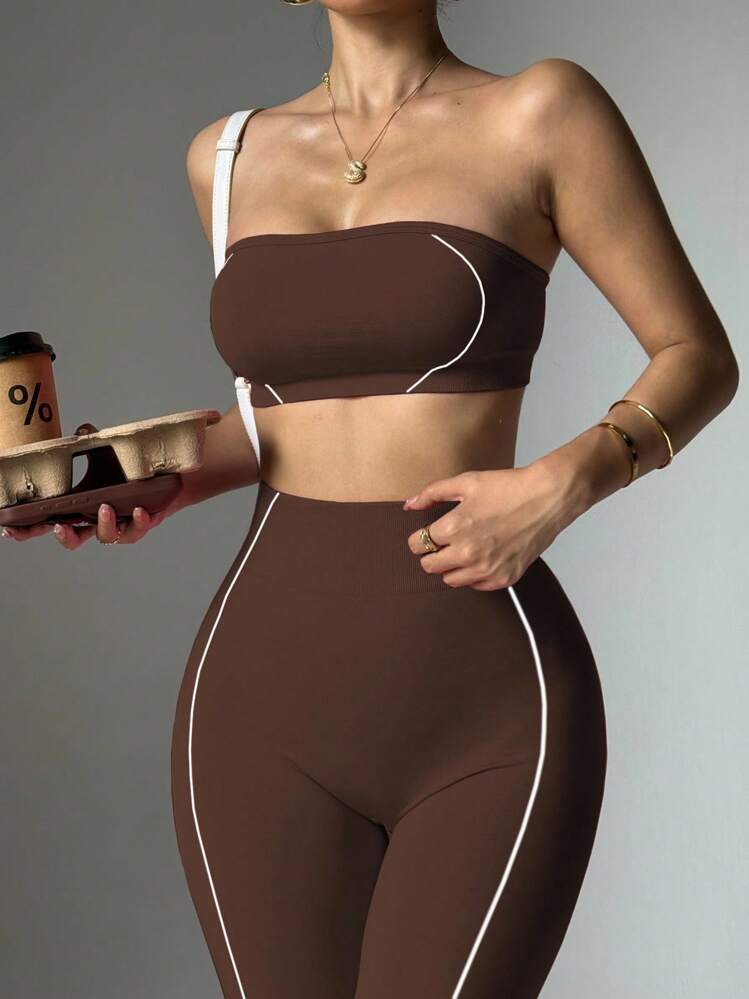 Slayform Conjunto deportivo sin costuras a rayas rosa, conjunto de top corto y leggings marrón, conjunto de dos piezas marrón, conjunto de yoga marrón, conjunto de entrenamiento sin tirantes, conjunto de entrenamiento sin costuras, conjunto de dos piezas marrón, conjunto de entrenamiento sin tirantes marrón, conjunto atlético marrón, conjunto de mallas marrón para mujer, conjunto de activewear sin tirantes marrón, conjunto de mallas de dos piezas marrón - Café integral - Añade 4