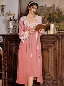 PalaceNights Vintage Palace Style Embroidered Floral Patchwork Peter Pan Collar Velvet Camisole Nightgown + Robe Set, Autumn/Winter, Fall Clothes - Pink - View 3