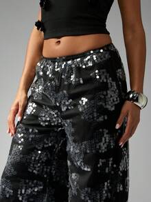 MISSGUIDED Pantalones palazzo de pierna ancha con lentejuelas, de cintura alta, para ocasiones especiales, fiestas, eventos festivos y salidas nocturnas - Negro - Ver 4
