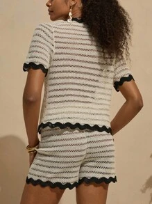 Bóhologie Boho Bohemela Womens Clothing Women Summer Clothes Woman Solid Color Knitting Fabric Contrast Tape Detailed Short Sleeve Front Tie Top T-Shirt And Elastic Waist Short 2 Pieces Outfits Co Ords Beachwear Cover Up Summer Beachwear Clothing Women Summer Sets - Cream - View 2