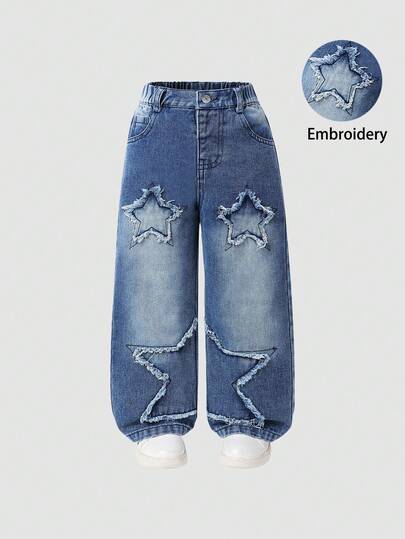 1pc Toddler Boys' Casual Jeans With Star Embroidery, Light Wash Vintage Street Style Comfortable Denim Pants, Suitable For Daily Wear Fall Winter