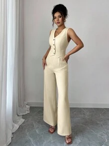 SHEIN Tall 女士休闲无袖背心和阔腿裤套装 - 杏色 - 查看 5