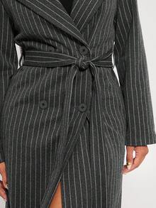 Radiana 灰色条纹羊毛风衣外套，长款羊毛大衣，冬季通勤时尚长款大衣长款细条纹西装外套女款细条纹大衣条纹风衣 - 深灰色 - 查看 7