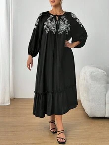 SHEIN PETITE CURVE Einfarbiges Lässig-Kleid in Große Größen mit Langarm, minimalistischer Stil für den Alltag - Schwarz - Übersicht 4