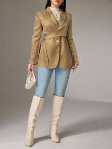 Modelyn Women's Solid Color Lapel NeckLong Sleeve Side Knot Elegant Blazer In Fall/Winter - Khaki - View 4