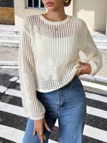 SHEIN Frenchy 女士宽松镂空圆领长袖休闲毛衣 - 杏色 - 查看 1