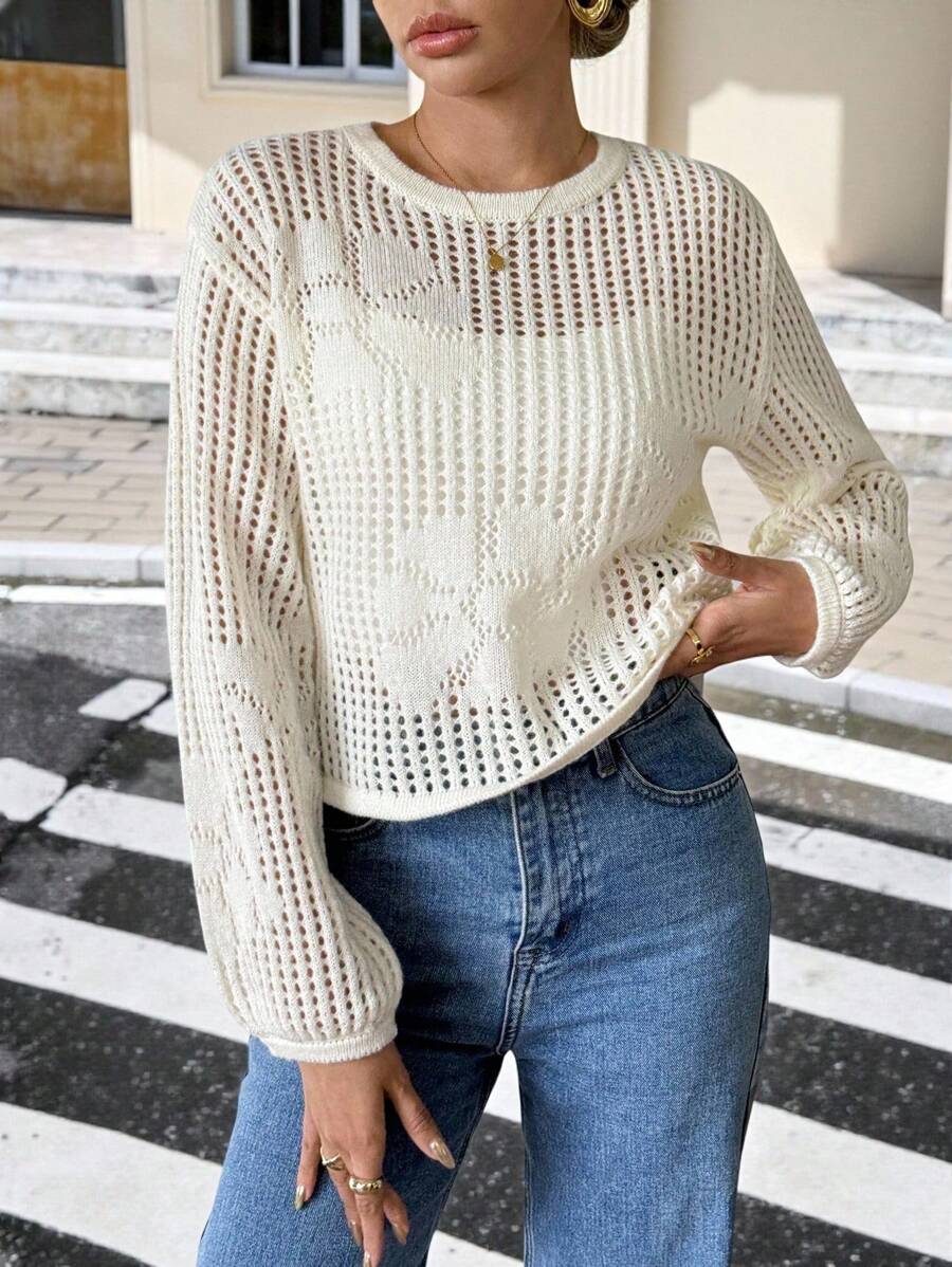 SHEIN Frenchy 女士宽松镂空圆领长袖休闲毛衣 - 杏色 - 查看 1