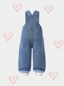 SHEIN Quần yếm denim ống đứng rộng rãi, mềm mại, họa tiết trái tim rách, thoải mái cho bé gái, thời trang mặc hàng ngày, mùa xuân/thu - Rửa trung bình - Xem 2