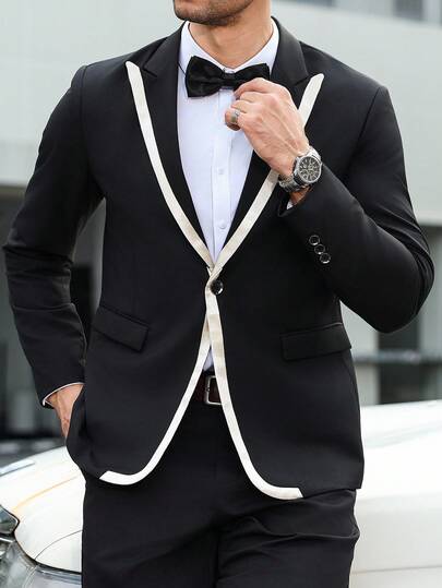 Manfinity Mode Men's Business Commute Contrast Trim Suit Jacket Men Black And White Suit Men Slim Fit Suit Men Blazer Men Dress Suit Men Formal Wear