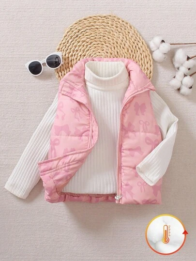 SHEIN Playful Pals 女童粉色蝴蝶结背心棉衣，可爱甜美风格，适合室内外穿着，适合冬季