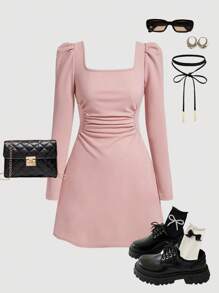 SHEIN Tween 女童优雅方领灯笼长袖 A 字形连衣裙