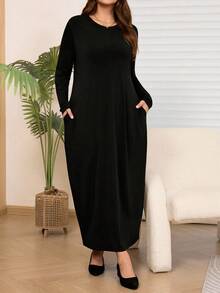 Rosumi 大码女式圆领长袖黑色带口袋连衣裙，秋冬 - 黑色 - 查看 3