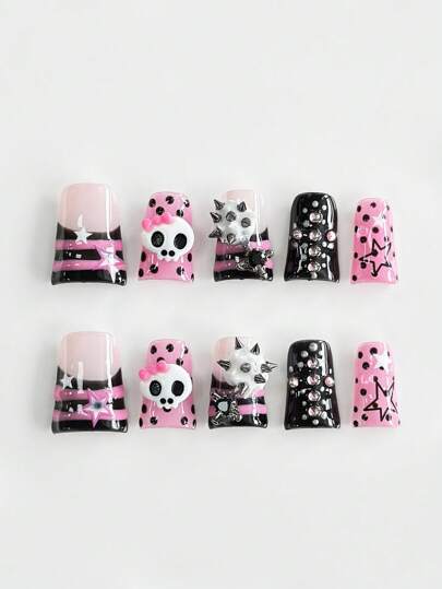 Grunge Punk 10pcs Y2K Style Bowknot, Skull Rivet, Cross, Star Decor High Quality Handmade False Nails + 3pcs Double-Sided Adhesive, Removable Rhinestone Contrast Color Nail Stickers, Suitable For Holidays, Parties, Dancing And Daily Wear