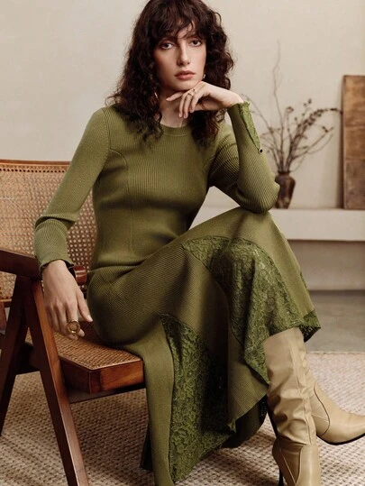 Arave Vestido de punto de manga larga con aplicaciones de encaje, ajustado y de largo medio