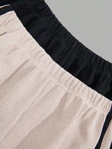 SHEIN Cottnline Women 2 Packs Waflle With Contrast Colour Side Stripe With Bow Detail Homwear Lounge Shorts Set - Multicolor - View 4