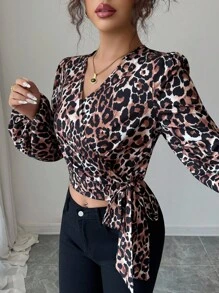 Elenzga 女士新款交叉领蝴蝶结短款灯笼袖衬衫，适合日常通勤、郊游、购物、音乐节等场合，春秋季 - 彩色 - 查看 3