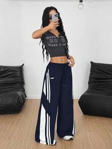 Coolane Women's  All-Season Concert Streetwear Going Out Color-Blocked  Blue Parachute Pants - Blue - View 6