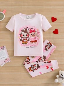 SHEIN 两件套女童针织可爱图案圆领T恤和紧身打底裤睡衣套装 女童睡衣套装 女童睡衣 女童睡衣套装 - 粉色 - 查看 4