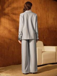 Anewsta 优雅亮片刺绣灰色宽肩西装外套和裤子女士套装，秋季时尚 - 淺灰色 - 查看 7