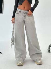 EURMUSE JEANS DE PIERNA ANCHA Y CINTURA BAJA PARA MUJER - Gris Claro - Ver 5