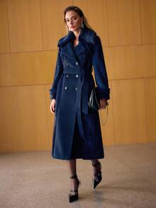 MOTF PREMIUM WOOL DOUBLE BREASTED BELTED OVERCOAT - Navy Blue - View 5