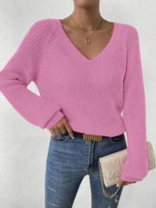 EMERY ROSE Women's Solid Color Minimalist Everyday Knit Long Sleeve Sweater Fall Winter Cloth For Women - Pink - View 5